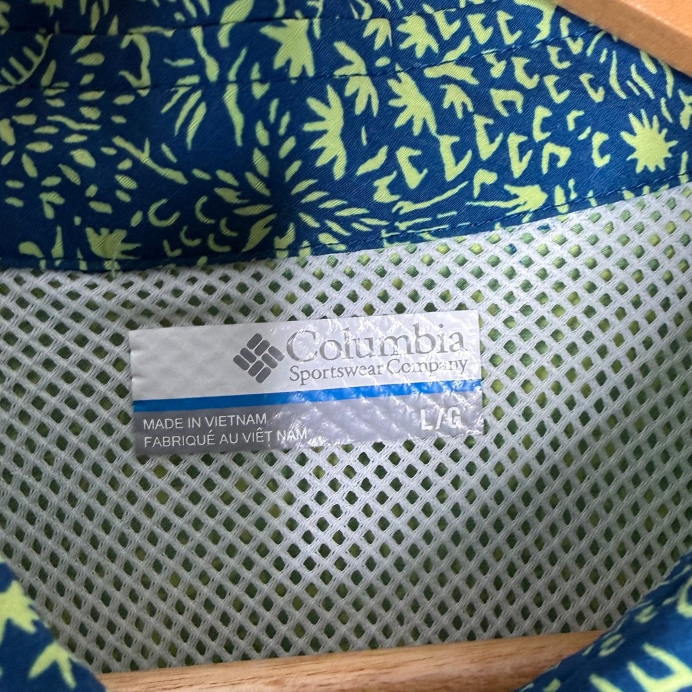 Columbia PFG Size L Omni-Shade Blue Lime  Fish Print Short Sleeve Fishing Shirt - Picture 4 of 9